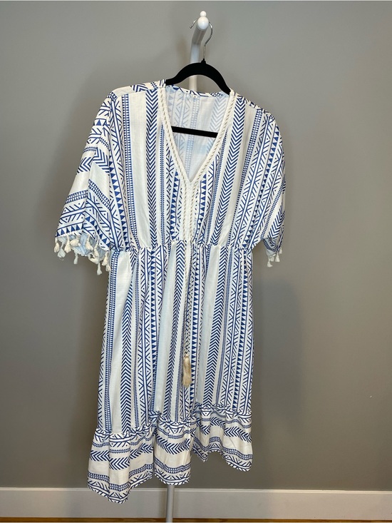 Dresses & Skirts - Blue and Cream V-Neck Boho Tassel Poolside Cover-Up/Dress